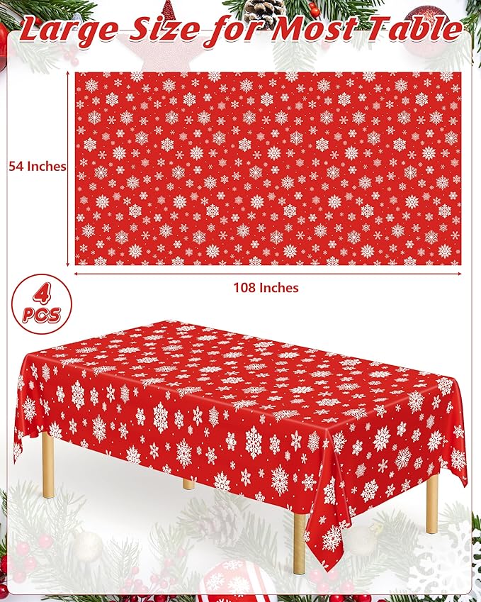 4 PACK Snowflake Tablecloths, 54" x 108" Holiday Party Decor, Red Snowflakes Tablecloth Xmas Plastic Tablecloth Disposable Table Cloth Rectangle Tablecover, Winter Decorations Holiday Party Supplies