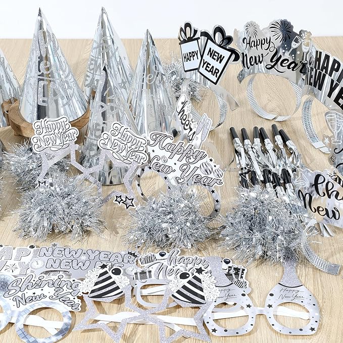 2026 Glitter NYE Party Supplies Decorations, 42pcs New Years Eve party Supplies kits Silver New Year Hats, Happy New Year Headbands, Glasses, Noisemaker, wreath for happy new year