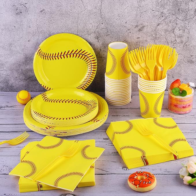 durony 144 Pieces Softball Paper Plates and Napkins Dinnerware Set Softball Birthday Party Tableware Supplies Includes Paper Plates Napkins Forks Serve 24 for Sports Party Supplies