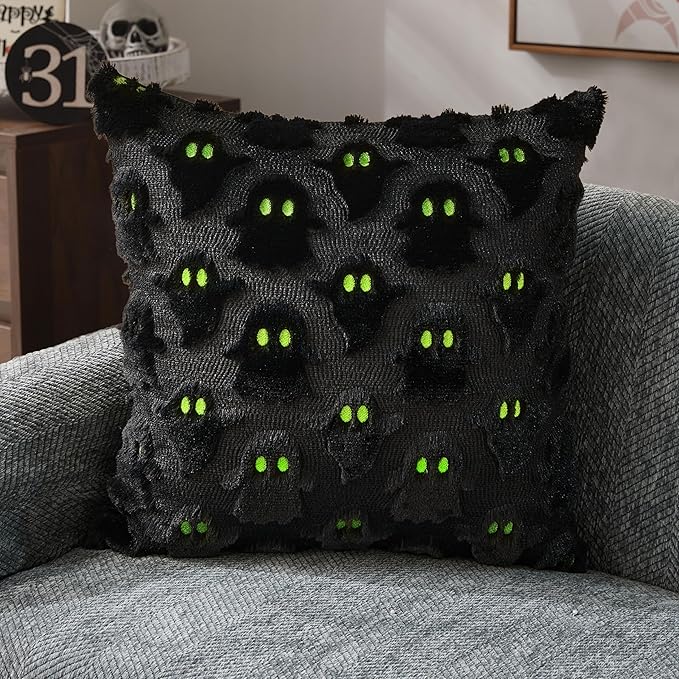 DFXSZ Halloween Pillow Covers 18x18 inch Set of 2 Black Ghost Throw Pillow Cases Soft Plush Faux Fur Wool Couch Cushion Case for Chair Sofa Bedroom Living Room Home Decor PTK03F18