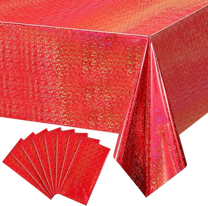 8 Pack Iridescence Red Plastic Tablecloths Shiny Disposable Laser Rectangle Table Covers Holographic Foil Tablecloth Iridescent Party Decoration Birthday Bridal Wedding Christmas 54" x 108"(Red)