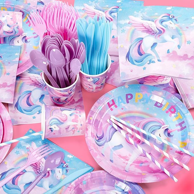 195Pcs Unicorn Birthday Party Supplies with Plates Cups Napkins Straws Cutlery, Unicorn Themed Birthday Decorations with Banner and Tablecloths, 24 Serves Unicorns Disposable Tableware Set for Party
