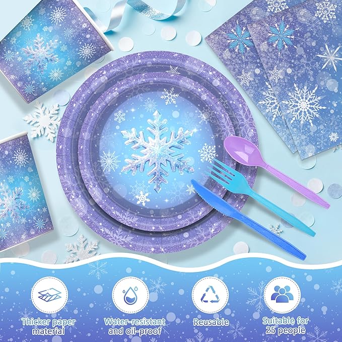 175Pcs Snowflake Paper Plates and Napkins Set - Blue Purple Christmas Themed Paper Plates, Cups, Napkins Cutlery for Winter Wonderland Holiday Decorations Birthday Wedding Party Supplies for 25 Guests