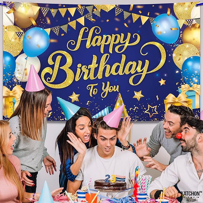 KatchOn, XtraLarge Blue and Gold Happy Birthday Banner - 72x44 Inch | Blue and Gold Bday Backdrop for Happy Birthday Decorations | Party Decorations for Men and Women