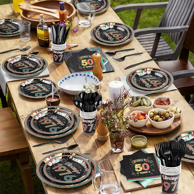 Kochorie 175 Pieces Vintage 50th Birthday Party Supplies Cheers to 50 Years Birthday Party Table Decoration Back in 1976 Tableware Set 7 Inch & 9 Inch Paper Plates Napkins Cups Cutlery Serves 25