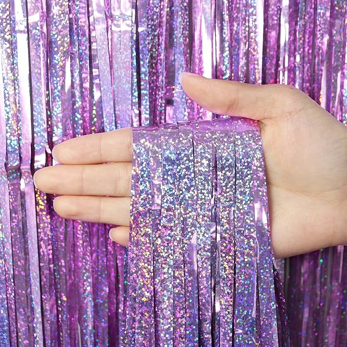 2 Pack Fringe Curtains Backdrops, Foil Fringe Curtains, Door Streamers for Birthday Wedding Bridal Shower Holiday Graduation Party Decorations, Photo Booth Backdrops, Glitter Light Purple