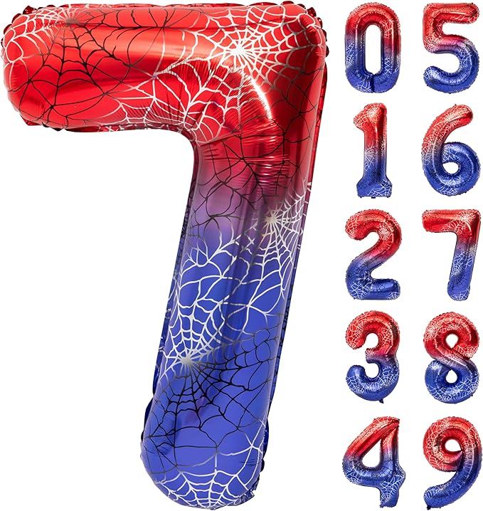 40 Inch Red and Blue Spider Theme Large Number 7 Balloon Giant Foil Birthday Balloons for Spider Theme Party Boy or Girl 7th Birthday Wedding Anniversary Baby Shower Party Decorations