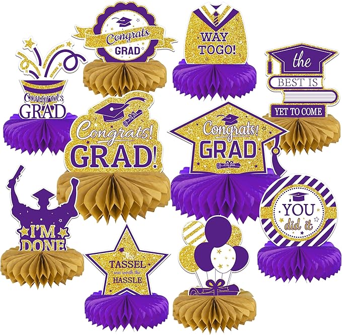 10PCS Graduation Decorations Class of 2025 Centerpieces, Congrats Grad Honeycomb Table Toppers for Graduation Party Favors, 2026 Party Decorations (10PCS, Purple & Gold)