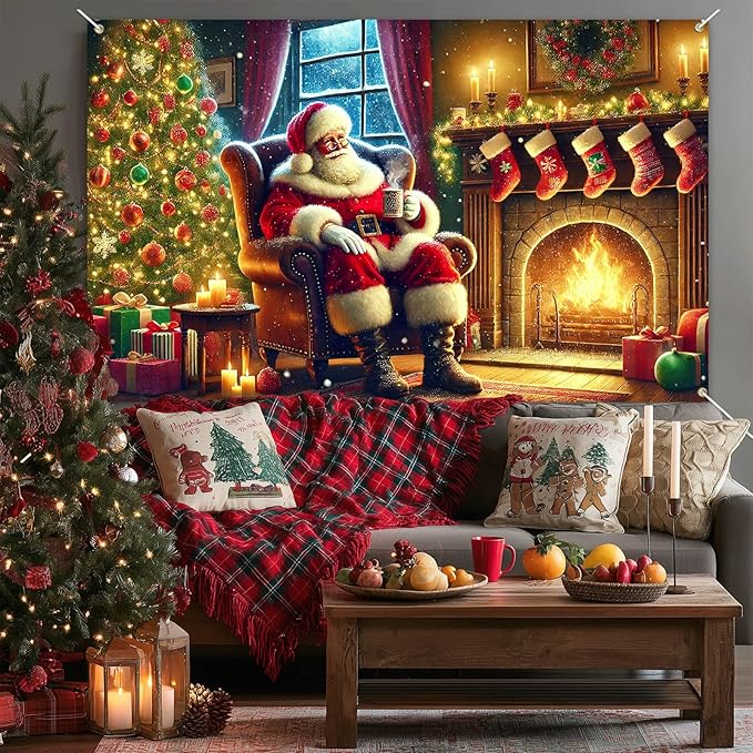 Christmas Banner Santa Claus Fireplace Tree Holiday Wall Decoration Warm Cozy Living Room Scene Background Indoor Outdoor Party Decor for Home 71 X 43 Inches