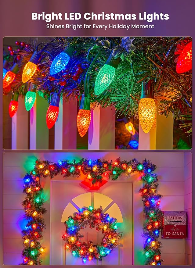 C9 Christmas Pathway Lights Outdoor, 25.7 Feet 20 LED C9 Strawberry Walkway Lights with Marker Stakes, Connectable Shatterproof C9 String Lights for Outside Yard Decorations, Multicolored, 2 Pack