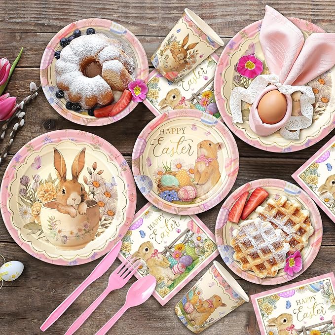 168PCS Happy Easter Party Supplies, Bunny and Eggs Paper Plates Napkins Cups and Cutlery, Easter Floral Disposable Tableware for Holiday Decor, Spring Wildflower Party Decorations
