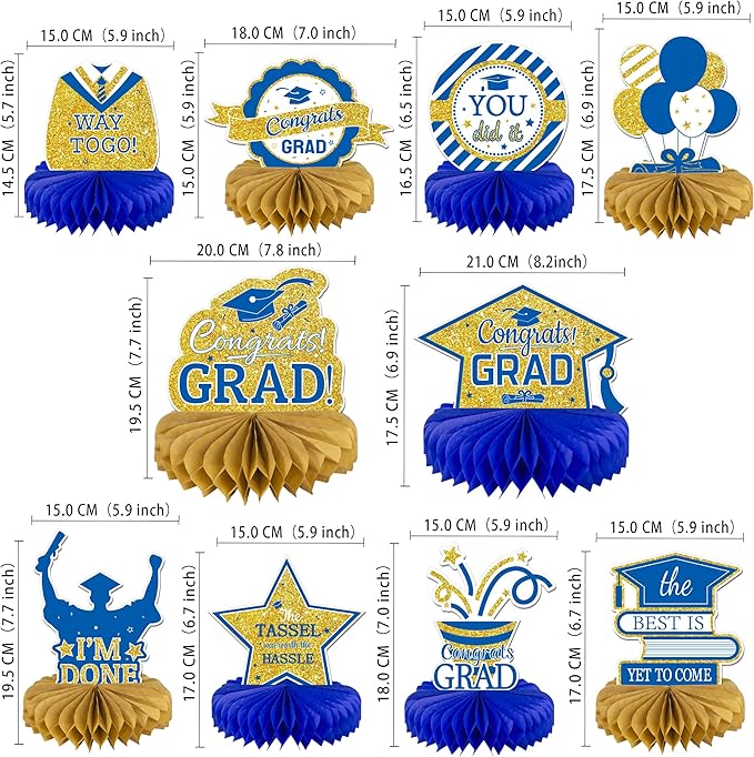 10PCS Graduation Decorations Class of 2025 Centerpieces, Congrats Grad Honeycomb Table Toppers for Graduation Party Favors, 2026 Party Decorations (10PCS, Blue & Gold)