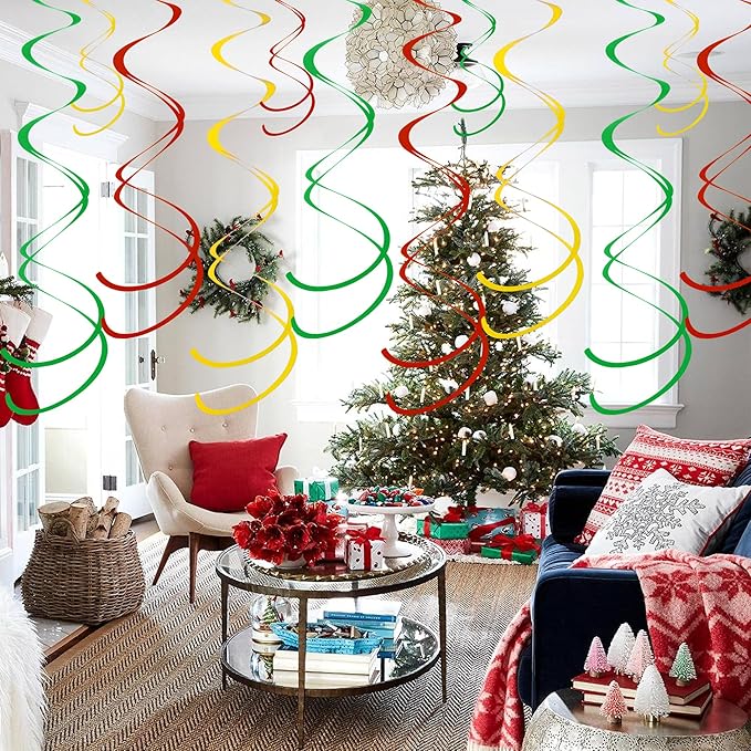 Colorful Ceiling Swirl Foil Decorations Hanging Plastic Streamer Themed Swirl Party for Christmas Carnival Celebration, Pack of 28 (Red, Green and Gold)