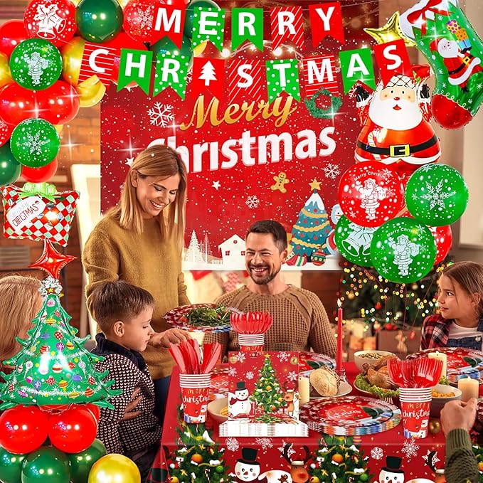 Christmas Party Decorations Xmas Party Supplies Serves for 25-Balloon, Banner, tablecloth, Backdrop, Disposable Paper Plate, Cup, Napkins, Knife, Fork, Spoon