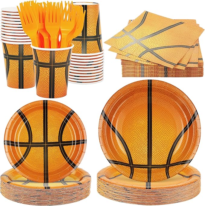 durony 144 Pieces Basketball Paper Plates and Napkins Dinnerware Kits Basketball Birthday Party Decorations Tableware Set Includes Paper Plates Napkins Forks Serve 24 for Sports Theme Party Supplies