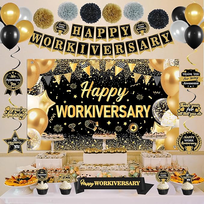 DARUNAXY Happy Workiversary Party Decorations for Men Women, Black Gold Happy Work Anniversary Banner Cake Topper Hanging Swirl Confetti Balloons Decor Set for Employee Office Party Supplies(31PC)