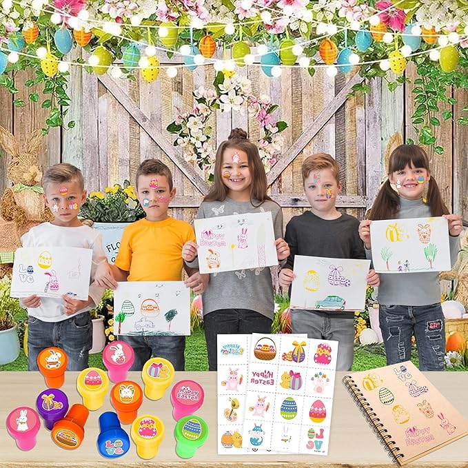 36PCS Easter Party Favors - 24PCS Pre-Cut Temporary Tattoos & 12PCS Stamps - Ideal Spring Egg Themed Birthday Card Decorations Supplies Goodie Bag Cute Rewards for Boys Girls Classroom Gifts Prizes