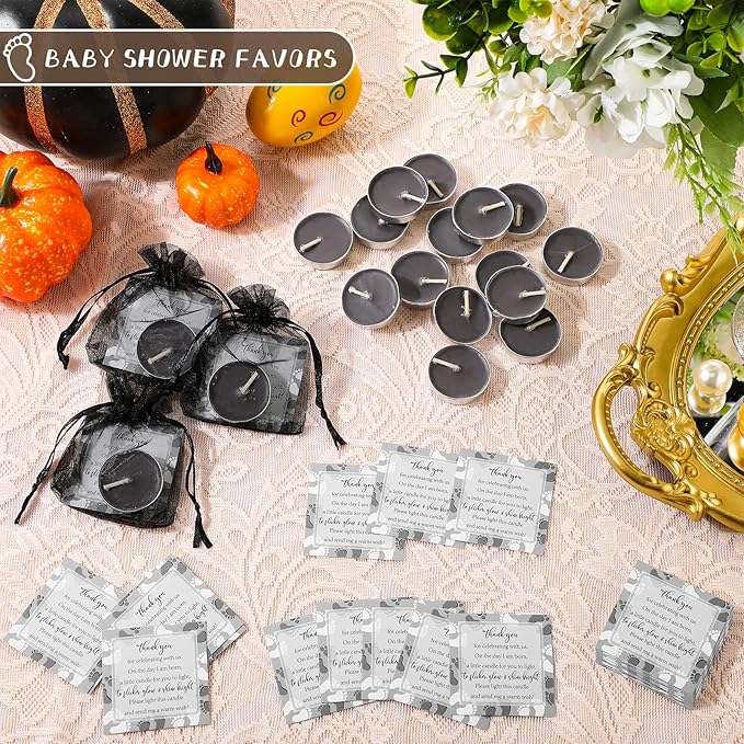 50 Sets Baby Shower Party Favors Including 50 Pcs Unscented Tealight Baby Shower Candles Gift Bags Cards for Gender Reveal Party Supplies(Black)