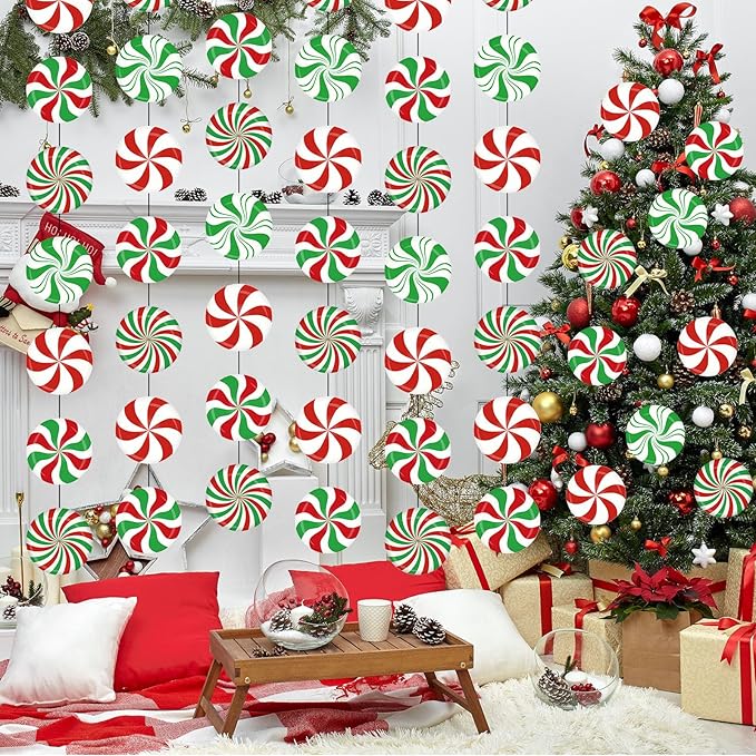 Faccito 8 Pcs Christmas Peppermint Candy Hanging Decorations Christmas Ceiling Decorations Paper Garland for Xmas Party Winter Holiday Birthday Decor (Red Green Candy)