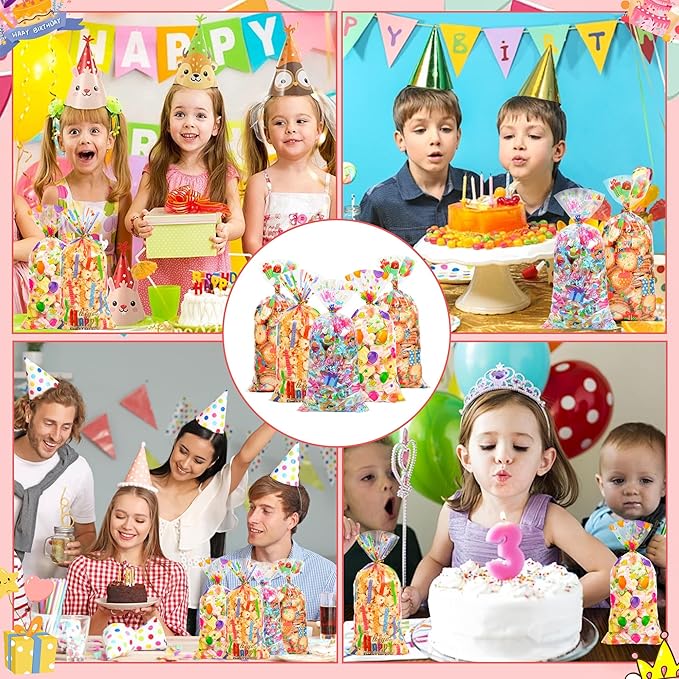 QOIUSO 100PCS Birthday Cellophane Treat Bags with 110 Gold Twist Ties, Clear Goodie Bags for Kids Birthday Party Favors Packaging Candy, Cookies, Treat, Classroom Return Gifts - 4 Colorful Design