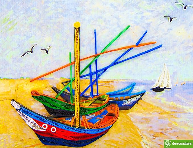 Van Gogh Fishing Boats on the Beach (1888), Quilling Art Greeting Card - Design Greeting Card for Birthday, Valentine's Day, Mothers Day, Spring, Fathers Day, Graduation, Wedding, Anniversary, Thank You, Get Well, All Occasion. Framable Artwork for Art...