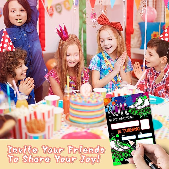 DETIHO 4" x 6" Glow Roller Skating Birthday Party Invitation Cards With Envelopes - Roll On Over And Celebrate - Neon Glow in the Dark Skate Party Invitation - 20 Sets - E20