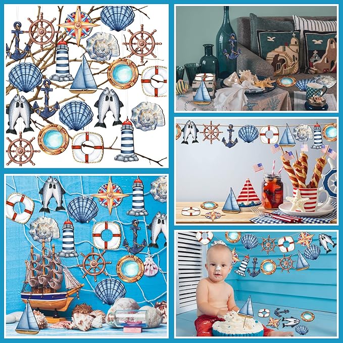 Chunful 30 Pieces Summer Tree Ornaments Christmas in July Wood Hanging Decoration Beach Wooden Slices Winter Tree Ornaments with String for Luau Hawaiian Party Supplies (Sailing Style)