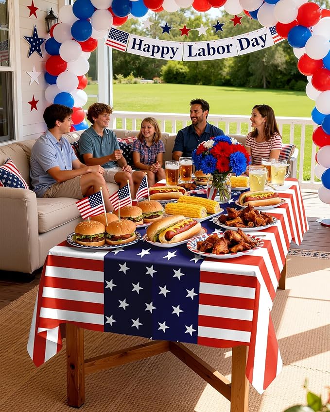 Pureegg 4th of July Decorations USA 250th Anniversary Plastic Tablecloth 6 Pack, Patriotic American Flag Waterproof Table Cover 54 x 108 Inch for Independence Day BBQ Picnic Party