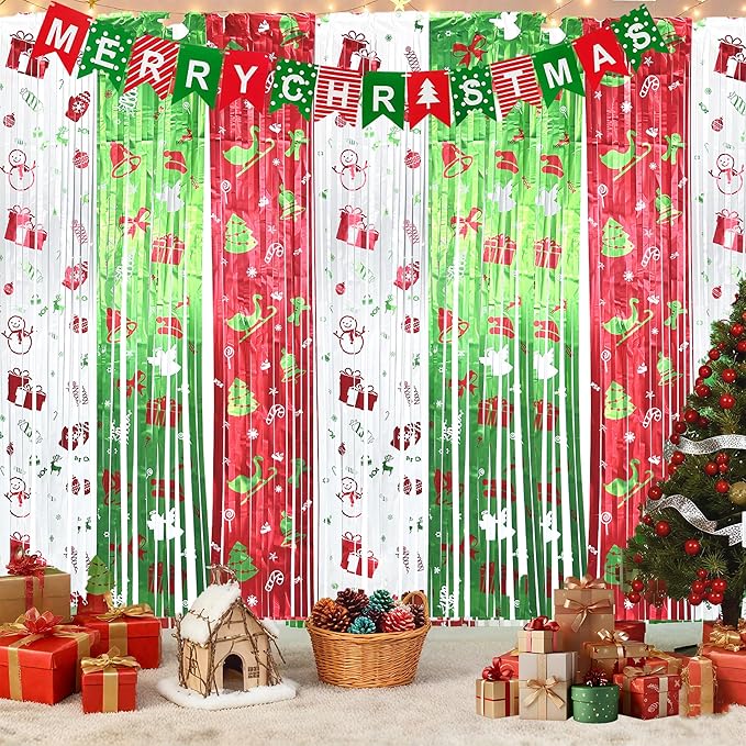 3 pack Christmas Party Decorations with Merry Christmas Banner and Foil Fringe Curtains, 3.3ft×6.6ft Red Green Tinsel Streamer Backdrop for Xmas Photo Booth Props Friendsmas Party Decor