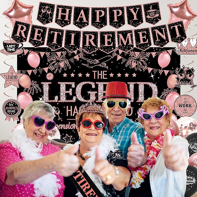Roetyce Retirement Party Decorations Women, Black and Pink Happy Retirement Banner Backdrop Balloon Hanging Swirls for Coworker, Rose Gold Lengend Has Retired Sash & Crown, Office Retired Background