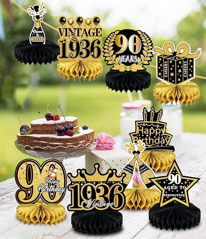9 Pcs 90th Birthday Decoration for Men Women 90th birthday Centerpieces for Tables Decorations Cheers to 90 Years 1936 Birthday Honeycomb Table Topper Black and Gold 90th Birthday Party Favors