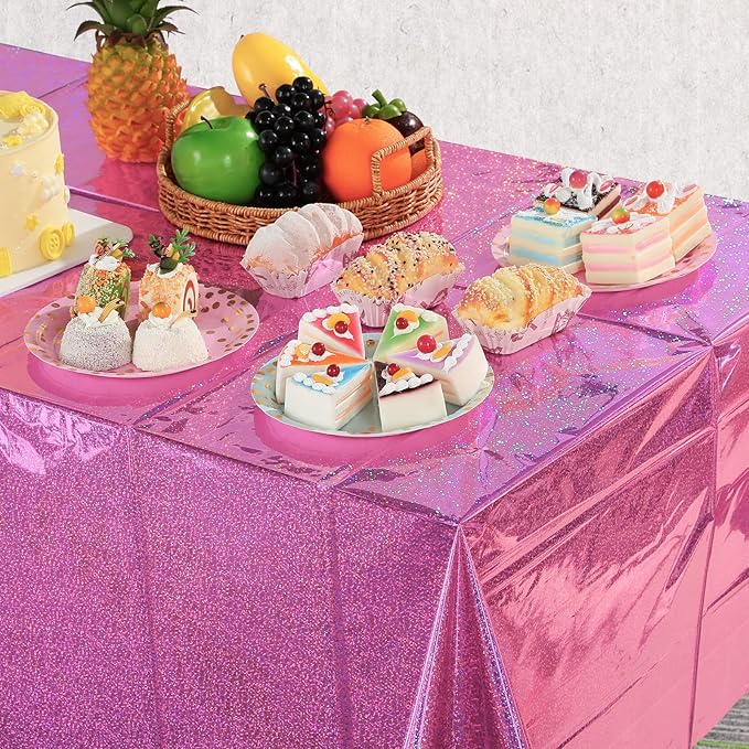4 Pack Iridescence Plastic Tablecloths Shiny Disposable Laser Rectangle Table Covers Holographic Foil Tablecloth Iridescent Kpop Birthday Bridal Wedding Christmas Party Decoration, 54" x 108" (Pink)