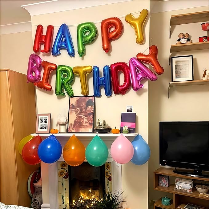 16 Inch Happy Birthday Banner Balloon, Rainbow Happy Birthday Letters Foil Balloons, Self Inflating Multicolor HBD Balloons Bunting for Kids Girls Boys Colorful Bday Party Decorations