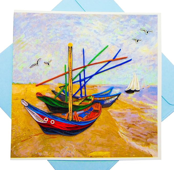 Van Gogh Fishing Boats on the Beach (1888), Quilling Art Greeting Card - Design Greeting Card for Birthday, Valentine's Day, Mothers Day, Spring, Fathers Day, Graduation, Wedding, Anniversary, Thank You, Get Well, All Occasion. Framable Artwork for Art...