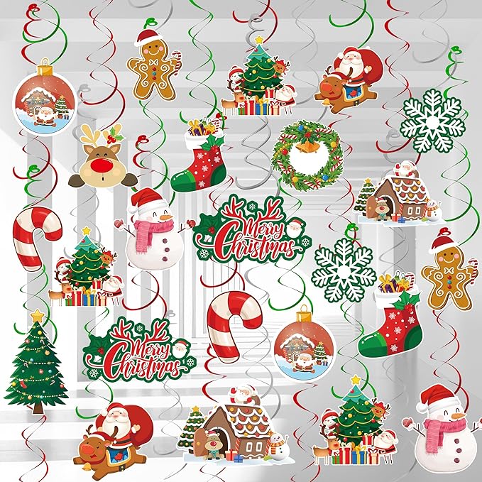61 Pcs Christmas Hanging Swirls Decorations, Xmas Hanging Decorations Snowman Elk Foil Swirls for Christmas Party Decorations