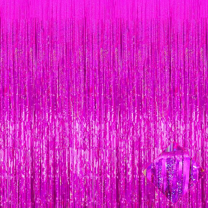 4 Pack 3.2Ft x 8.2Ft Fuchsia Foil Fringe Curtain Backdrop, Metallic Tinsel Foil Fringe Streamers Curtains Background for Photo Booth, Birthday, Wedding, Disco, Bachelorette, Christmas Party Decoration