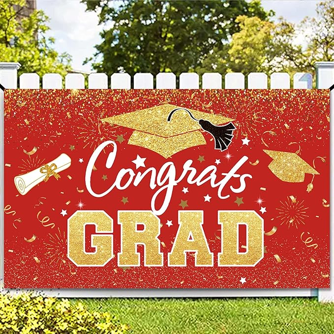 Graduation Party Decorations - Red Gold Congrats Grad Class of 2026 Backdrop Banner Large Sign Wall Decorations Photography Background Party Supplies for 2026 Graduation Party Decorations