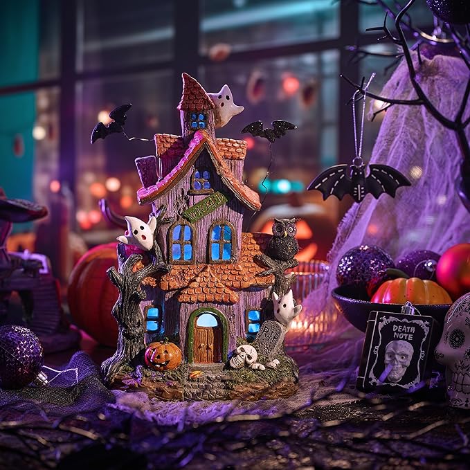 Valery Madelyn Haunted House Figurine with Bat Ghost Pumpkin for Halloween Decorations, Large Pre-Lit Lighted Resin Village Statue with LED Light for Indoor or Outdoor Party Table Decor, 12 inch