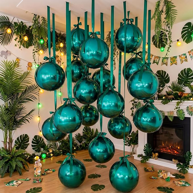 20 Pcs VBS 2026 Metallic Green Foil Balloons Giant 22 Inch 4d Round Metallic Green Balloons with Emerald Ribbon for Birthday Baby Shower Anniversary Tea Party Decorations
