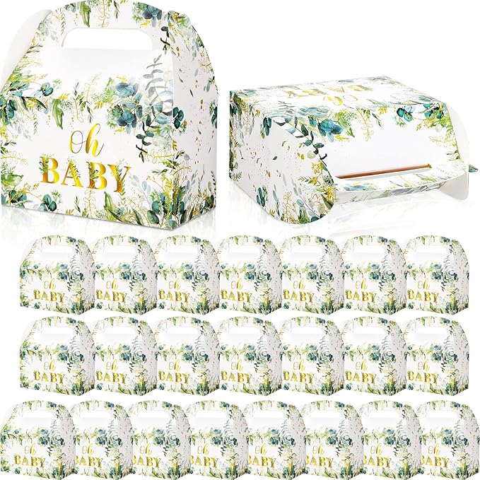Nezyo 24 Pcs Baby Shower Party Favor Boxes Sage Green Goodie Bags for Guests, Baby Shower Paper Boxes with Eucalyptus Leaves for Gender Reveal Return Guest Gifts, 4.7 x 2.4 x 5.1 Inch