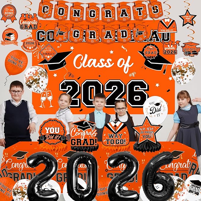 Graduation Decorations 2026, Class of 2026 Backdrop, Banner, 2026 Foil Balloons, Tablecloth, Hanging Swirls, Honeycomb Centerpieces, Party Supplies Decorations Set for College (Orange)