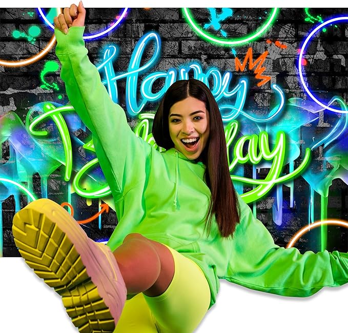 Imirell Neon Birthday Backdrop 7Wx5H Feet Glow-in-The-Dark Fluorescent Graffiti Fluid Brick Wall Funny Colorful Polyester Fabric Cool Photography Backgrounds Photo Shoot Decor Props Decoration