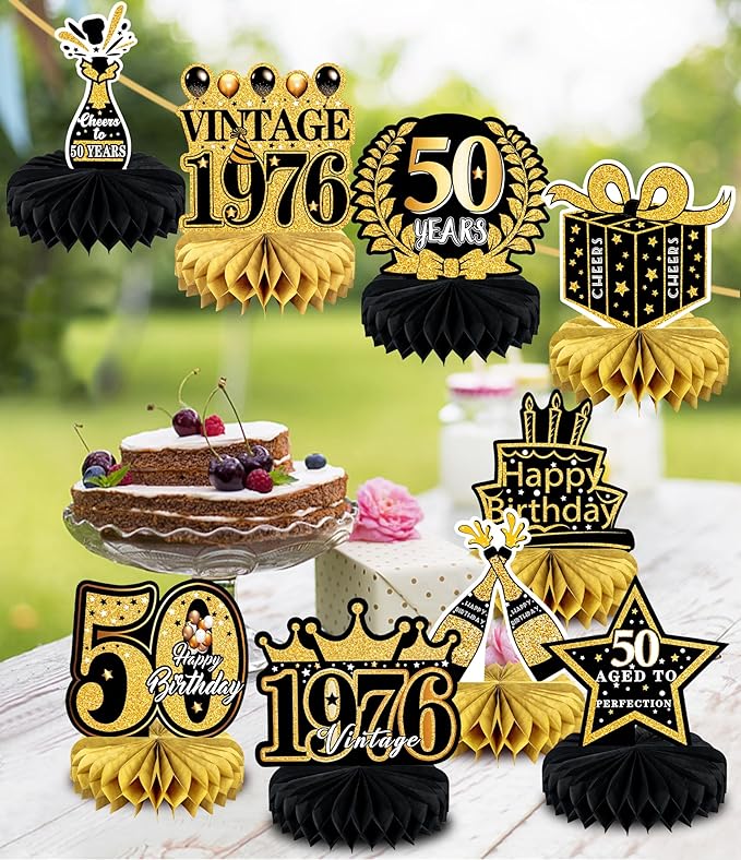 9 Pcs 50th Birthday Decoration for Men Women 50th Birthday Table Decorations Cheers to 50th Birthday Honeycomb Centerpieces Table Topper Black and Gold 50th Birthday Party Favors