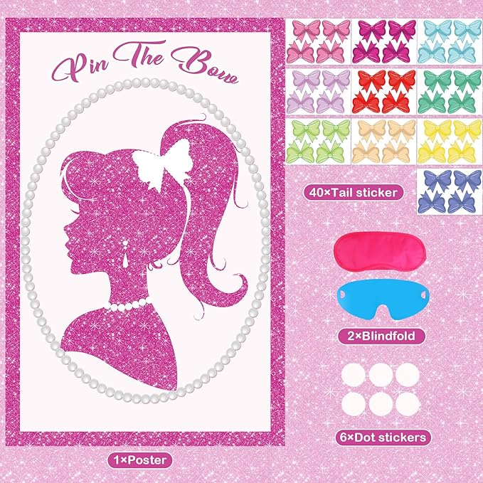 Hooqict Girls Princess Party Games Pin The Bow on The Head Birthday Games for Kids Party Pink Girl Birthday Party Decorations Supplies, Large Pin Tail Game Poster with 40 Bow Stickers
