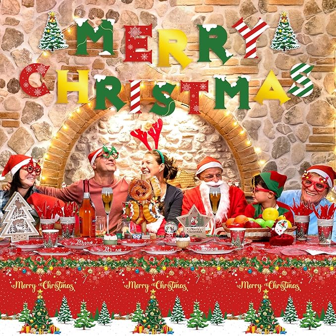 Christmas Party Supplies Tableware Set Xmas Party Decoration Christmas Tree Paper Plates Napkins Snowflakes Tablecloths Merry Christmas Banner Holiday Disposable Dinnerware Serves 24 Guests