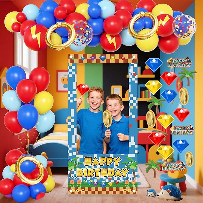 Birthday Decorations for Boys,Happy Birthday Banner, 30 Balloons,Gold Ring Foil Balloon,Photo Booth Props for Men (Hedgehog)