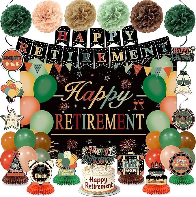 Retirement Party Decorations for Men Women Vintage Happy Retirement Banner Backdrop Balloons Paper Pompoms Honeycomb Centerpiece Cake Topper Hanging Swirl Set