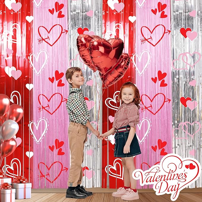 Foil Fringe Curtains Backdrop Valentines Party Decorations, 2 Pack 3.3 x 6.6 FT Red Pink Silver Tinsel Valentines Day Backdrop, Valentine Photo Backdrops Galentines Day Decor Wedding Party Decor