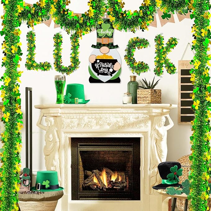 33 FT St Patricks Day Tinsel Garland Decor Gold Green Shamrock Hat Tinsel Garland Metallic Twist Hanging Garland for Home Indoor Outdoor Irish Party Supplies