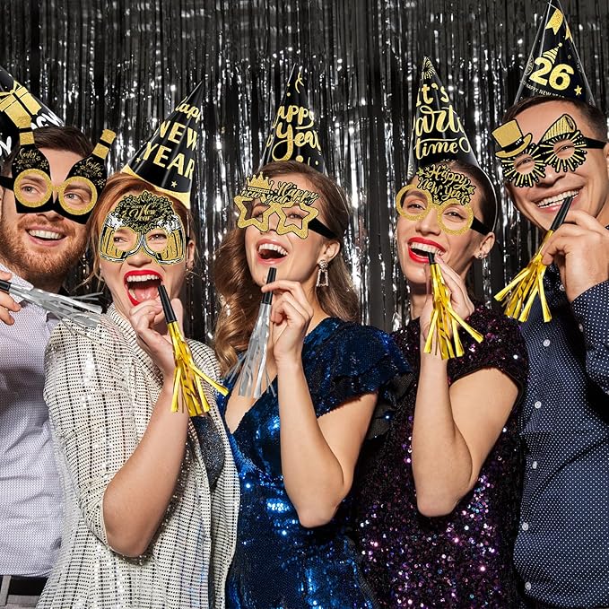 Openfly 24Pcs New Years Eve Party Supplies 2026 Happy New Years Party Headband Hats New Year Glasses New Year Noise Makers